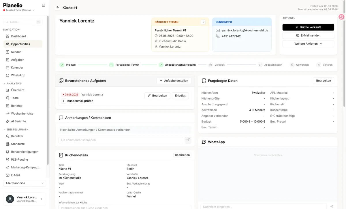 Planelio – Vorgangsdetail mit Termin & Fragebogen